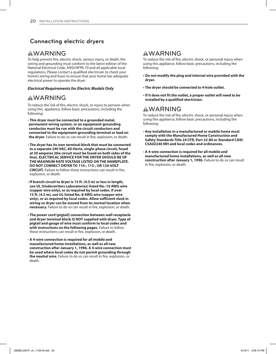 Warning, Connecting electric dryers | LG DLG4802W User Manual | Page 20 / 76