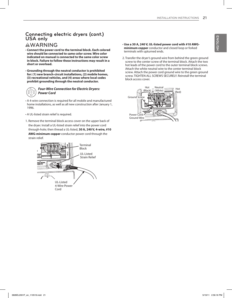 Warning, Connecting electric dryers (cont.) usa only | LG DLG4802W User Manual | Page 21 / 76