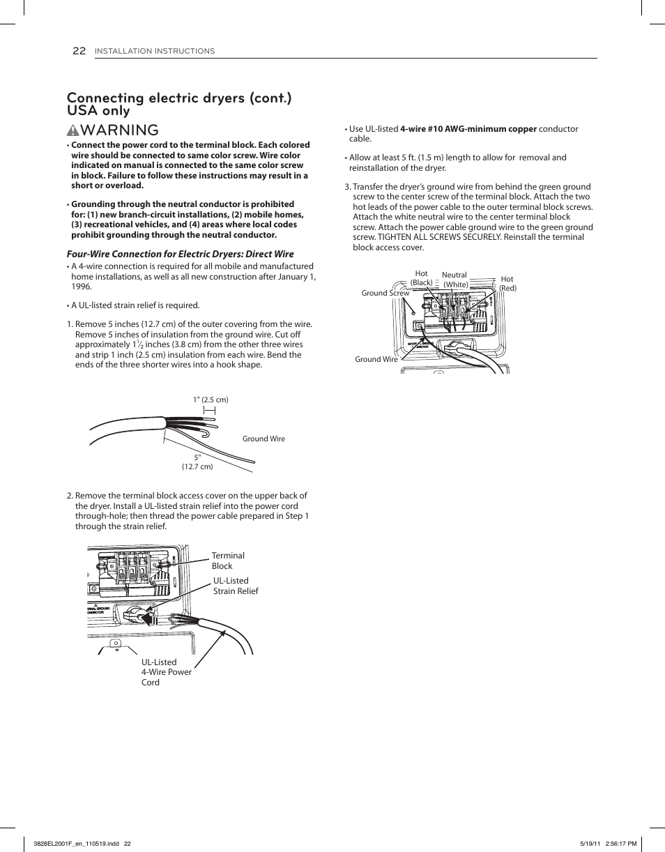 Warning, Connecting electric dryers (cont.) usa only | LG DLG4802W User Manual | Page 22 / 76