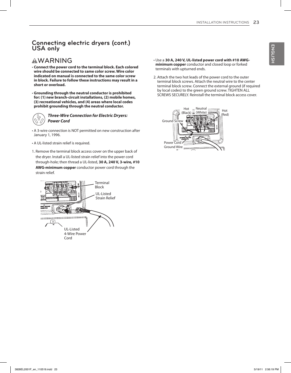 Warning, Connecting electric dryers (cont.) usa only | LG DLG4802W User Manual | Page 23 / 76