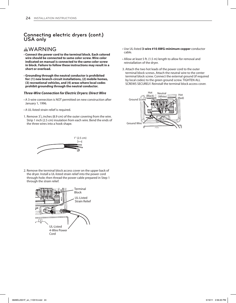 Warning, Connecting electric dryers (cont.) usa only | LG DLG4802W User Manual | Page 24 / 76