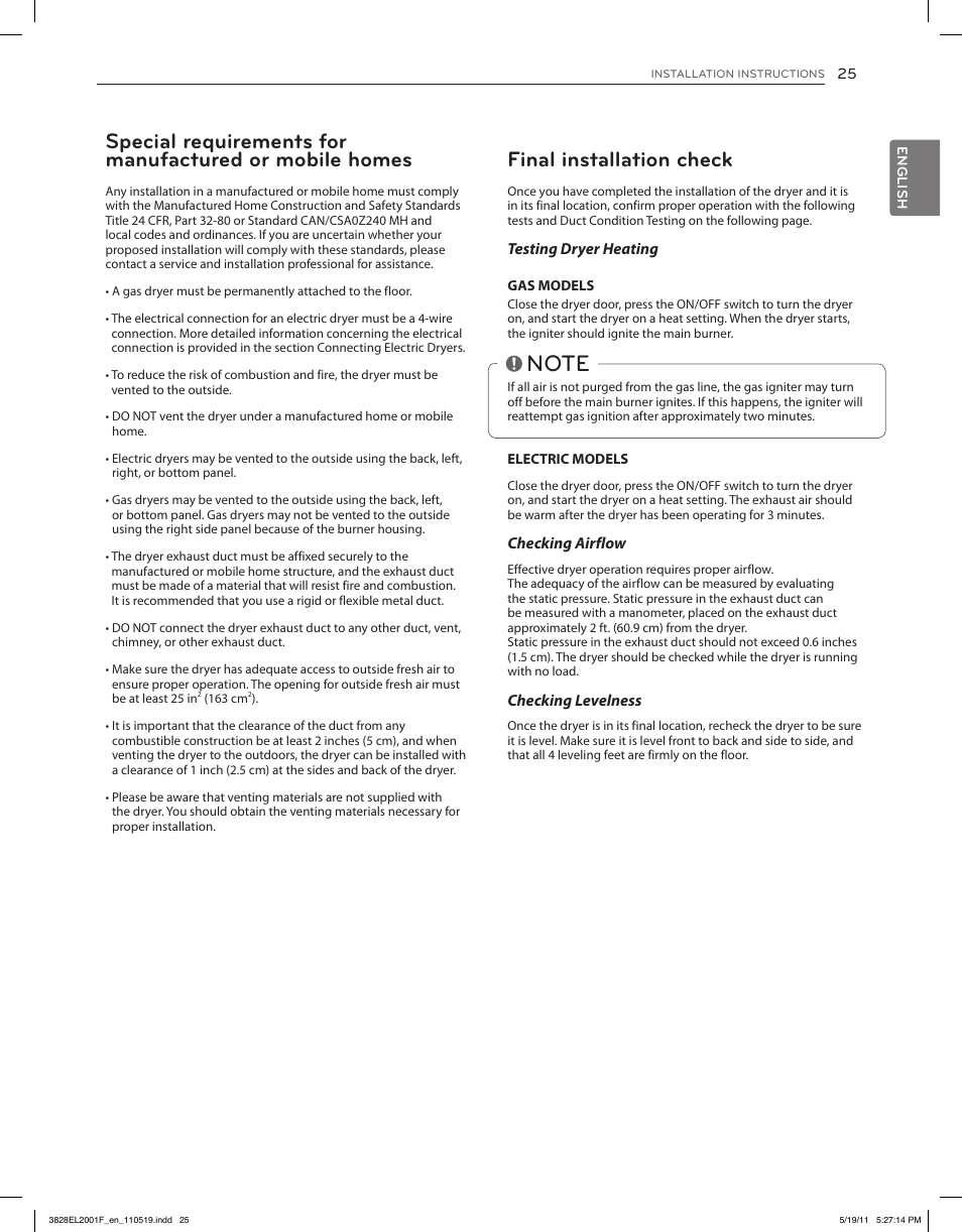 Final installation check | LG DLG4802W User Manual | Page 25 / 76