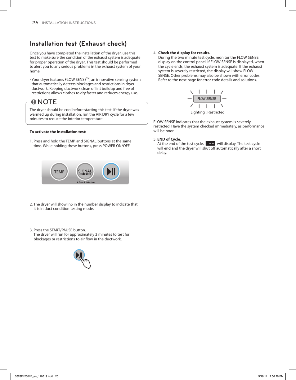 Installation test (exhaust check) | LG DLG4802W User Manual | Page 26 / 76