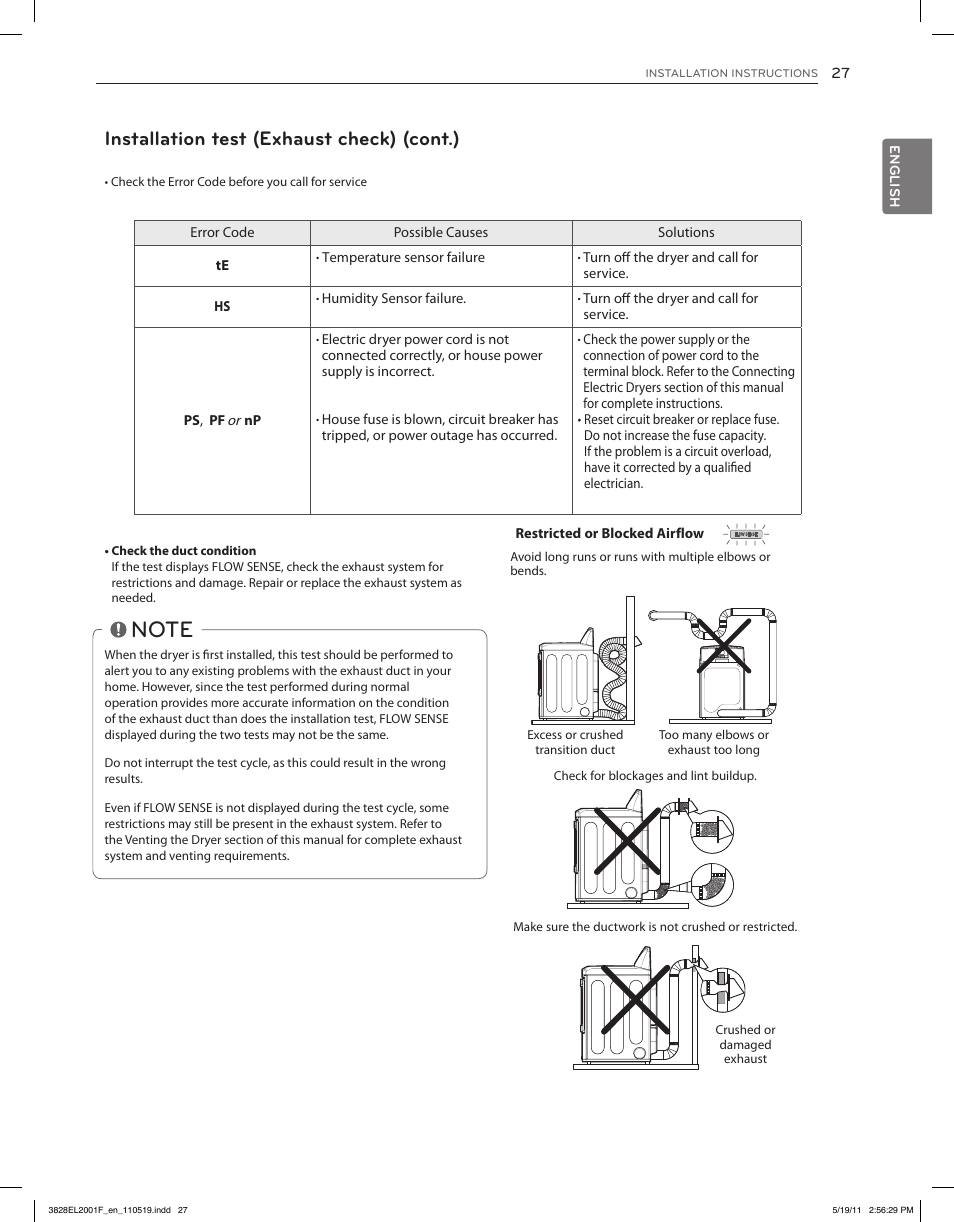 Installation test (exhaust check) (cont.) | LG DLG4802W User Manual | Page 27 / 76