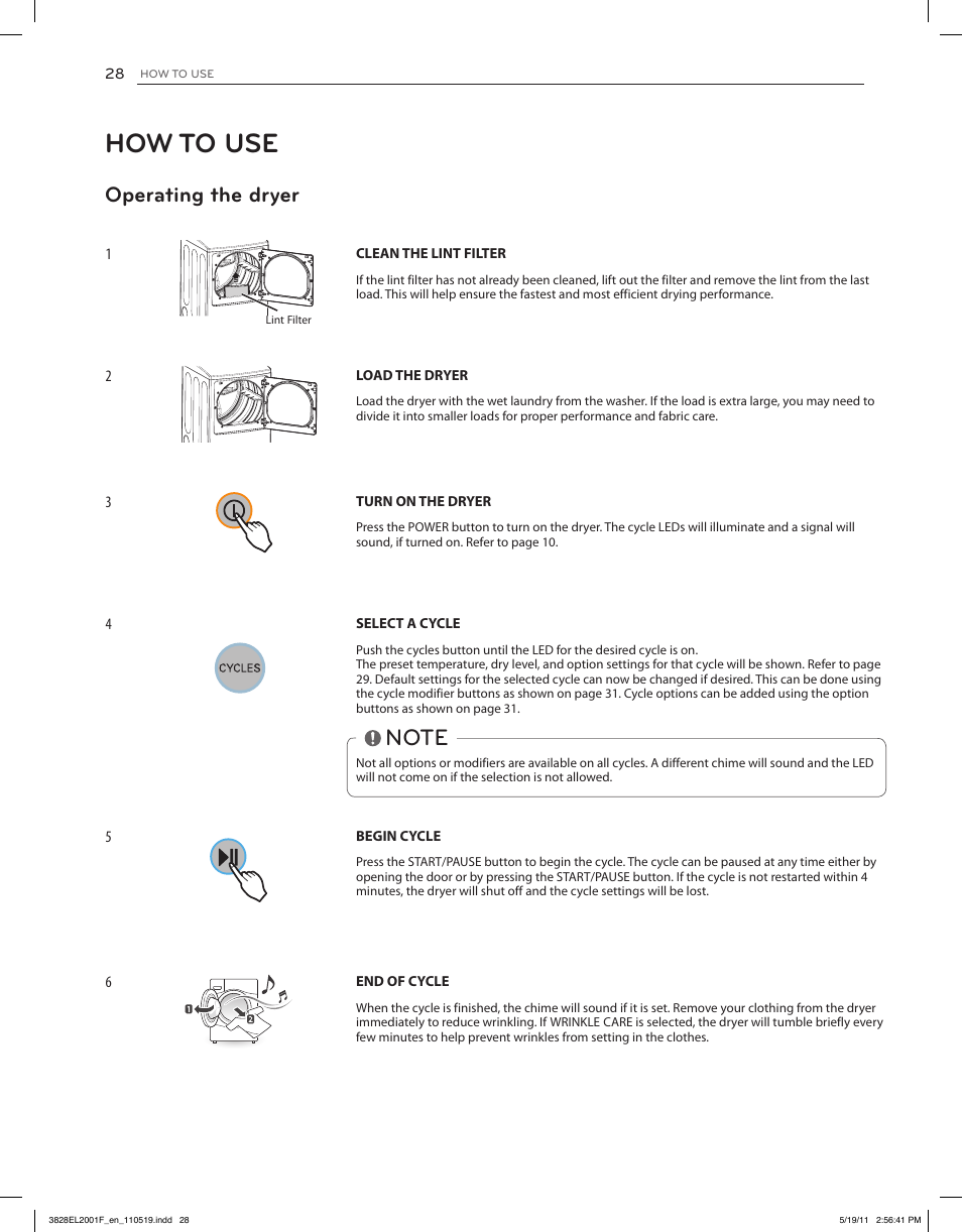 How to use, Operating the dryer | LG DLG4802W User Manual | Page 28 / 76