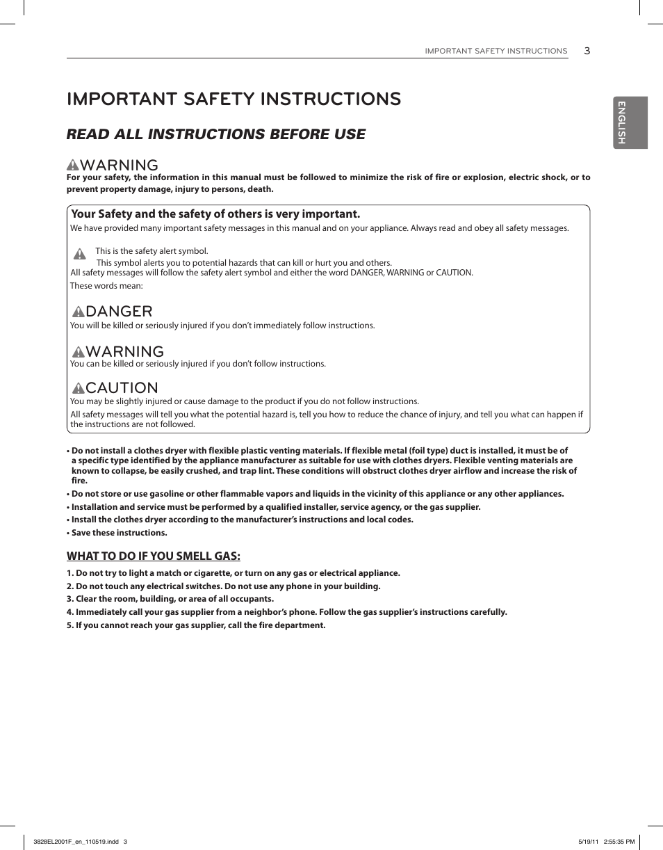 Important safety instructions, Warning, Danger | Caution | LG DLG4802W User Manual | Page 3 / 76