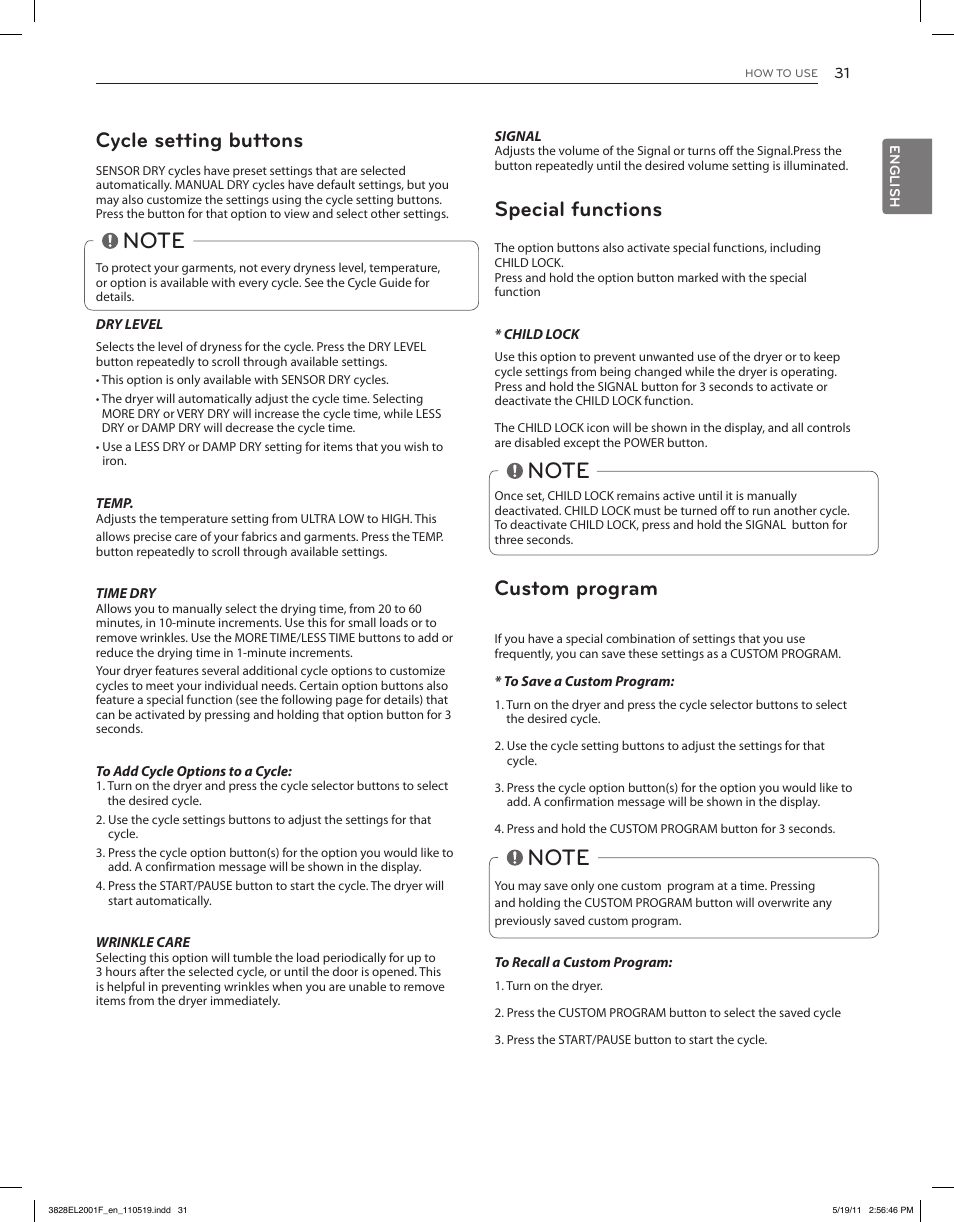 Cycle setting buttons, Special functions, Custom program | LG DLG4802W User Manual | Page 31 / 76