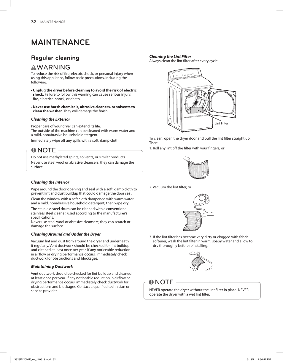 Maintenance, Warning, Regular cleaning | LG DLG4802W User Manual | Page 32 / 76