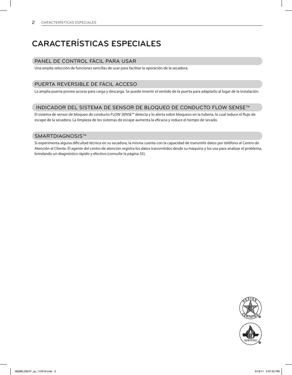Características especiales, Panel de control fácil para usar, Puerta reversible de fácil acceso | Smartdiagnosis | LG DLG4802W User Manual | Page 38 / 76