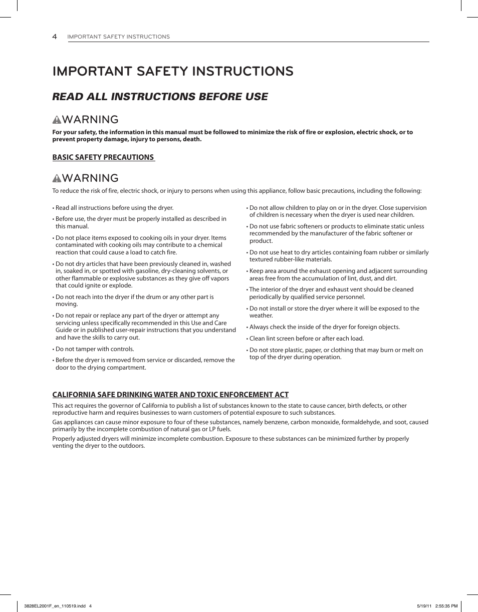 Important safety instructions, Warning, Read all instructions before use w | LG DLG4802W User Manual | Page 4 / 76