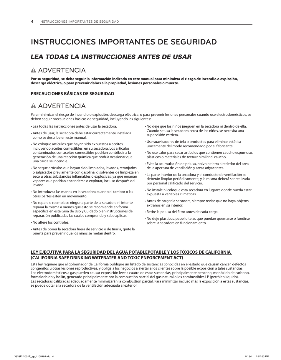 Instrucciones importantes de seguridad, Advertencia, Lea todas la instrucciones antes de usar w | LG DLG4802W User Manual | Page 40 / 76