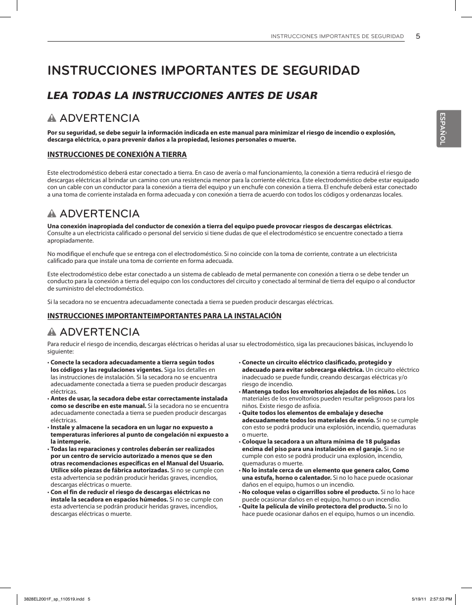 Instrucciones importantes de seguridad, Advertencia, Lea todas la instrucciones antes de usar w | LG DLG4802W User Manual | Page 41 / 76