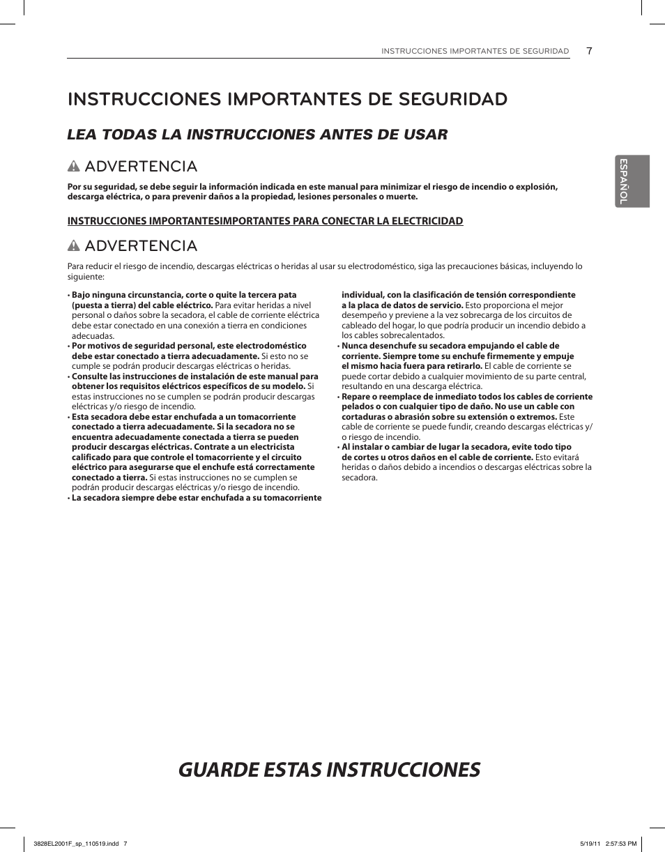 Guarde estas instrucciones, Instrucciones importantes de seguridad, Advertencia | Lea todas la instrucciones antes de usar w | LG DLG4802W User Manual | Page 43 / 76