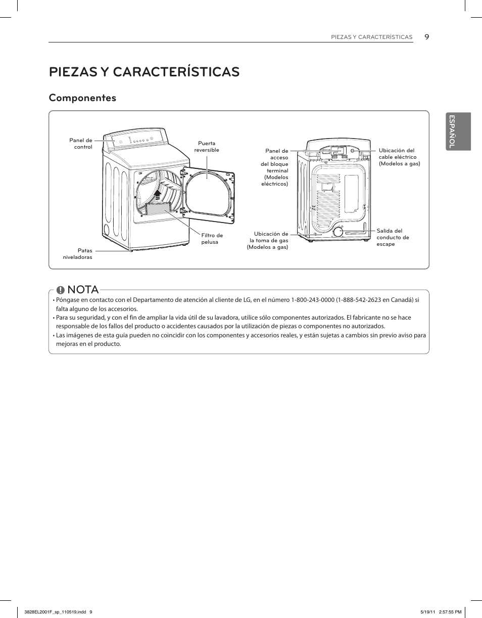 Piezas y características, Nota, Componentes | LG DLG4802W User Manual | Page 45 / 76