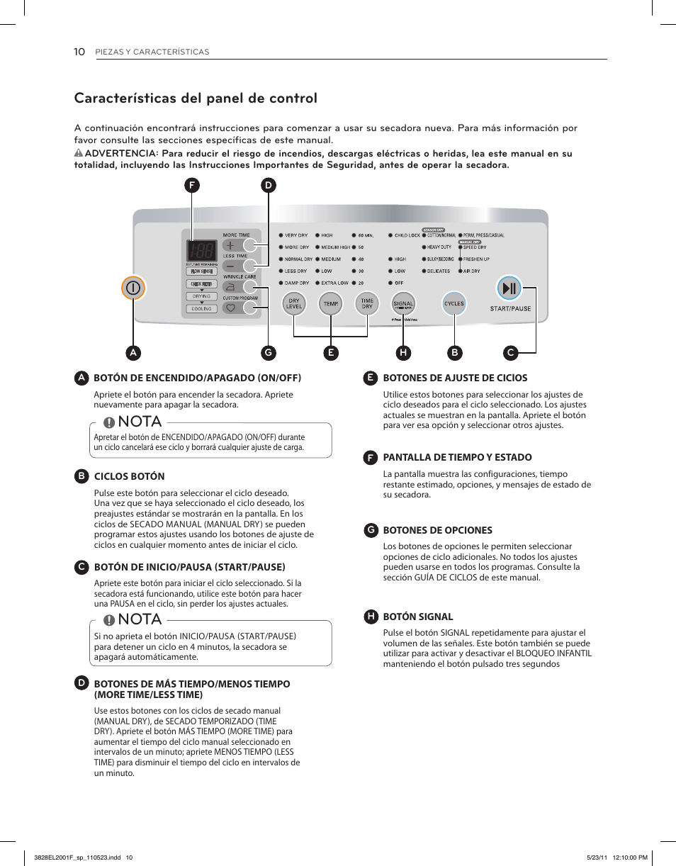 Nota, Características del panel de control | LG DLG4802W User Manual | Page 46 / 76
