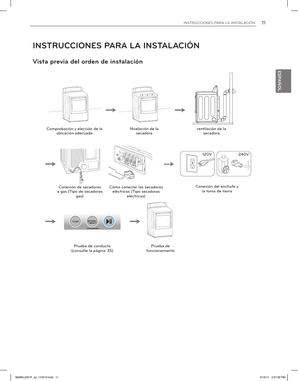 Instrucciones para la instalación, Vista previa del orden de instalación | LG DLG4802W User Manual | Page 47 / 76