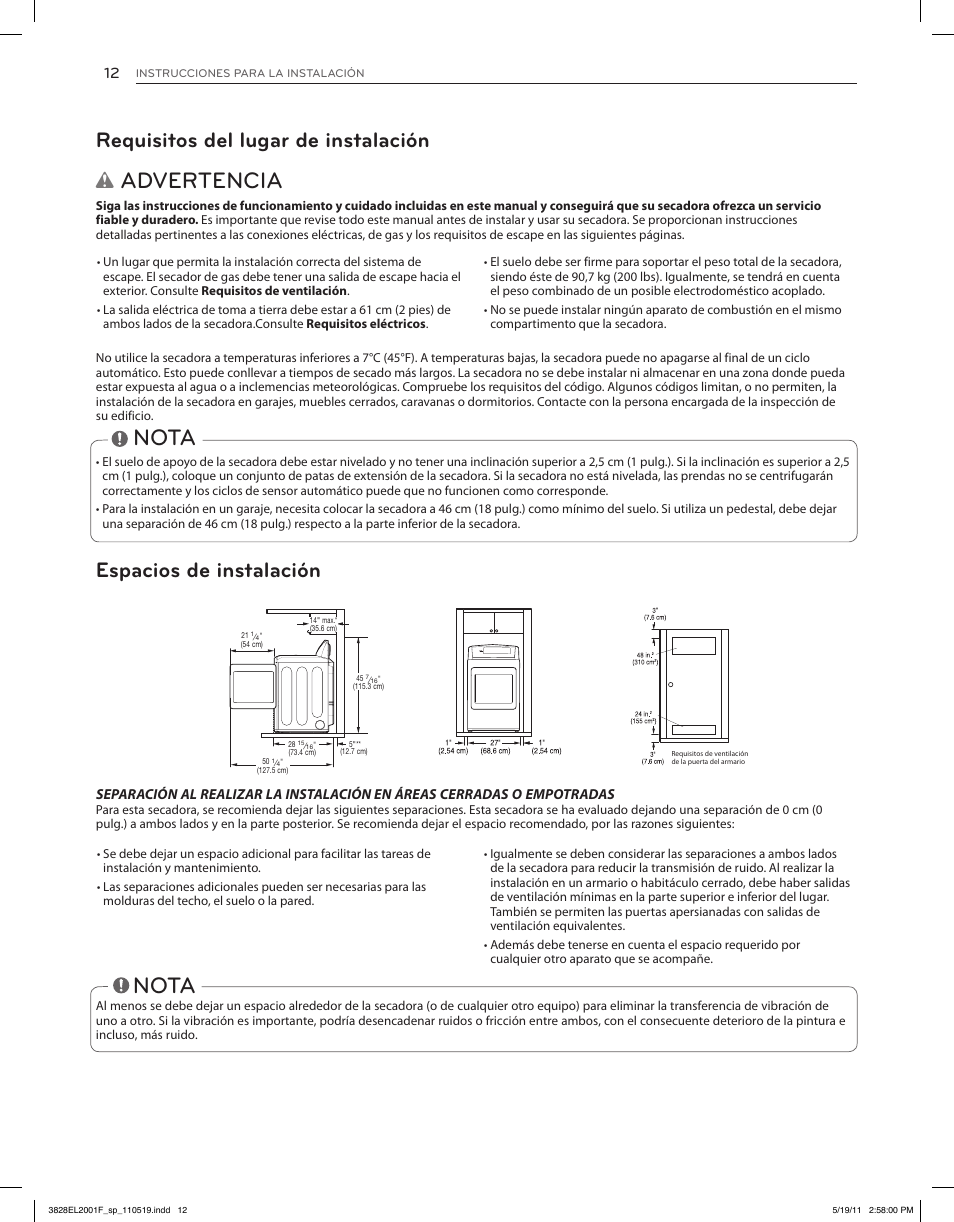 Advertencia, Nota, Requisitos del lugar de instalación | Espacios de instalación | LG DLG4802W User Manual | Page 48 / 76