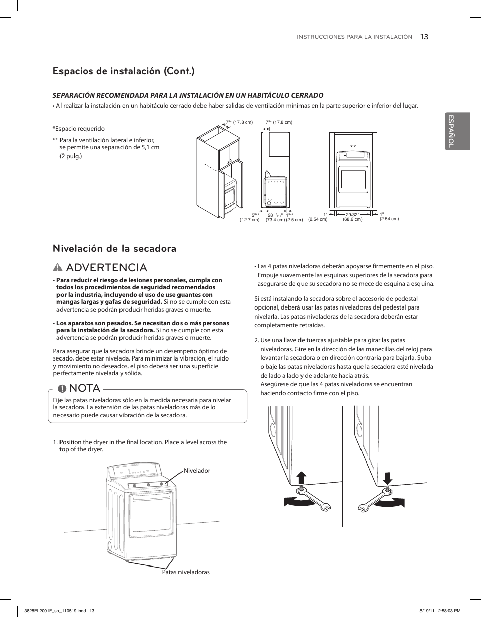 Advertencia, Nota, Espacios de instalación (cont.) | Nivelación de la secadora, Esp añol | LG DLG4802W User Manual | Page 49 / 76