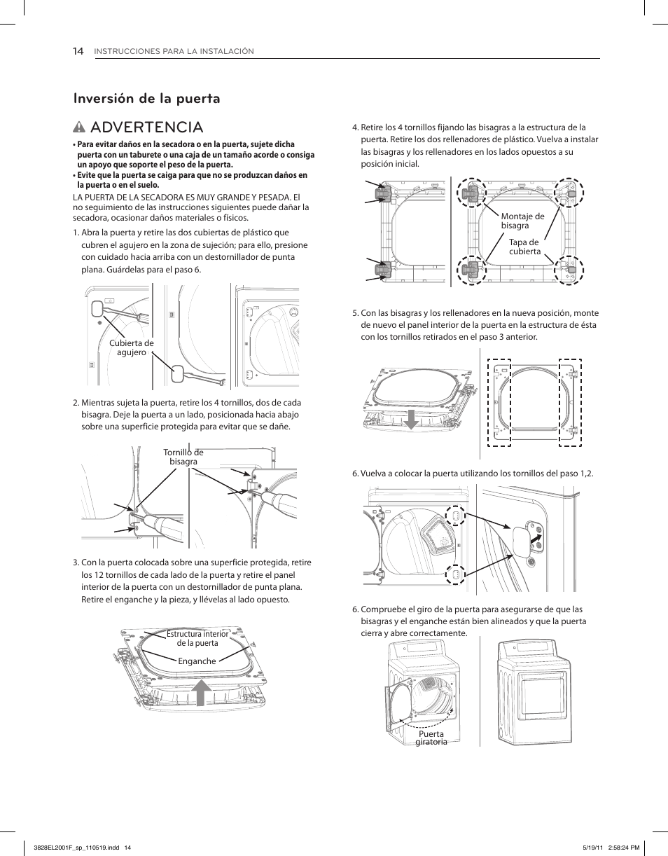 Advertencia, Inversión de la puerta | LG DLG4802W User Manual | Page 50 / 76