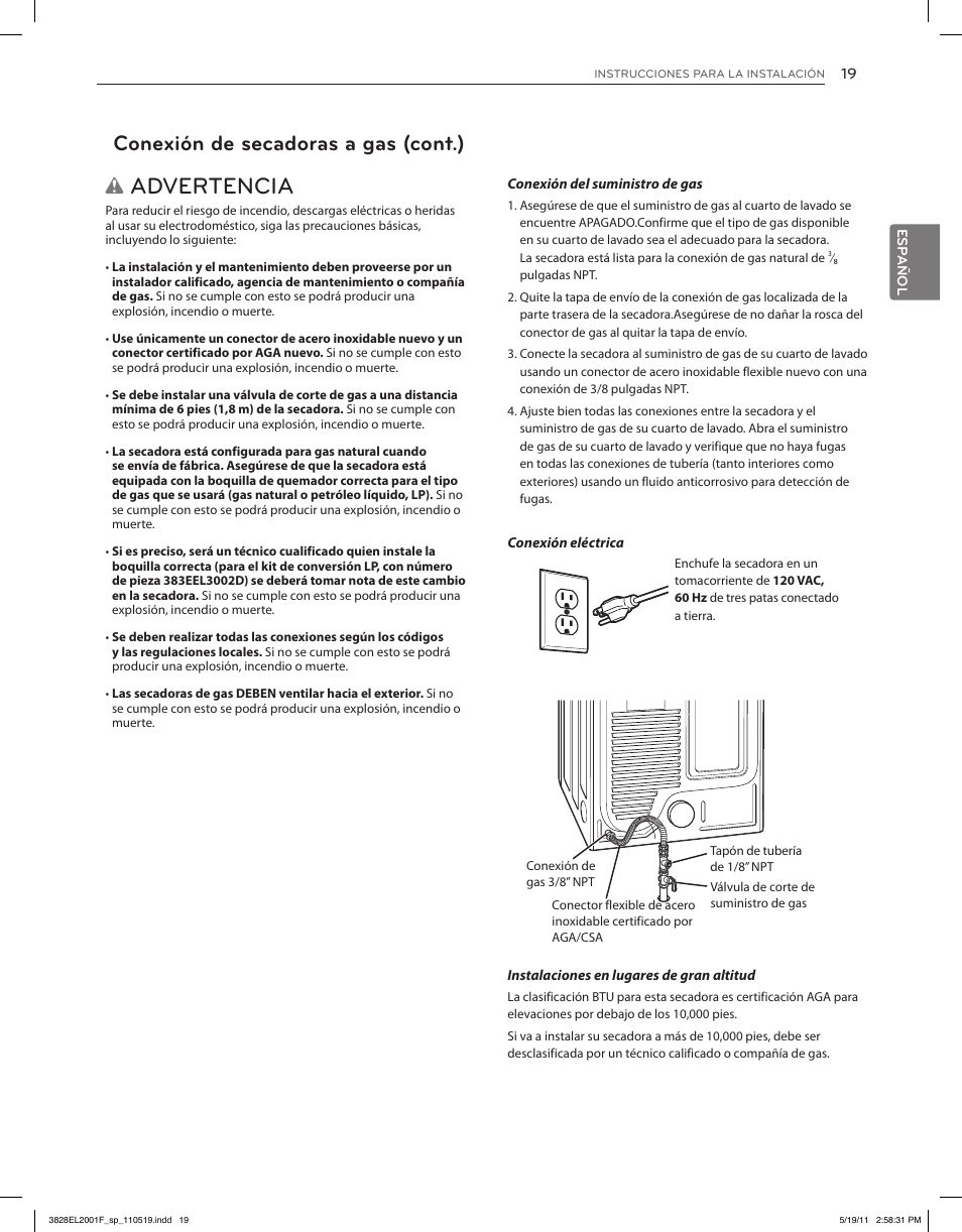 Advertencia, Conexión de secadoras a gas (cont.) | LG DLG4802W User Manual | Page 55 / 76