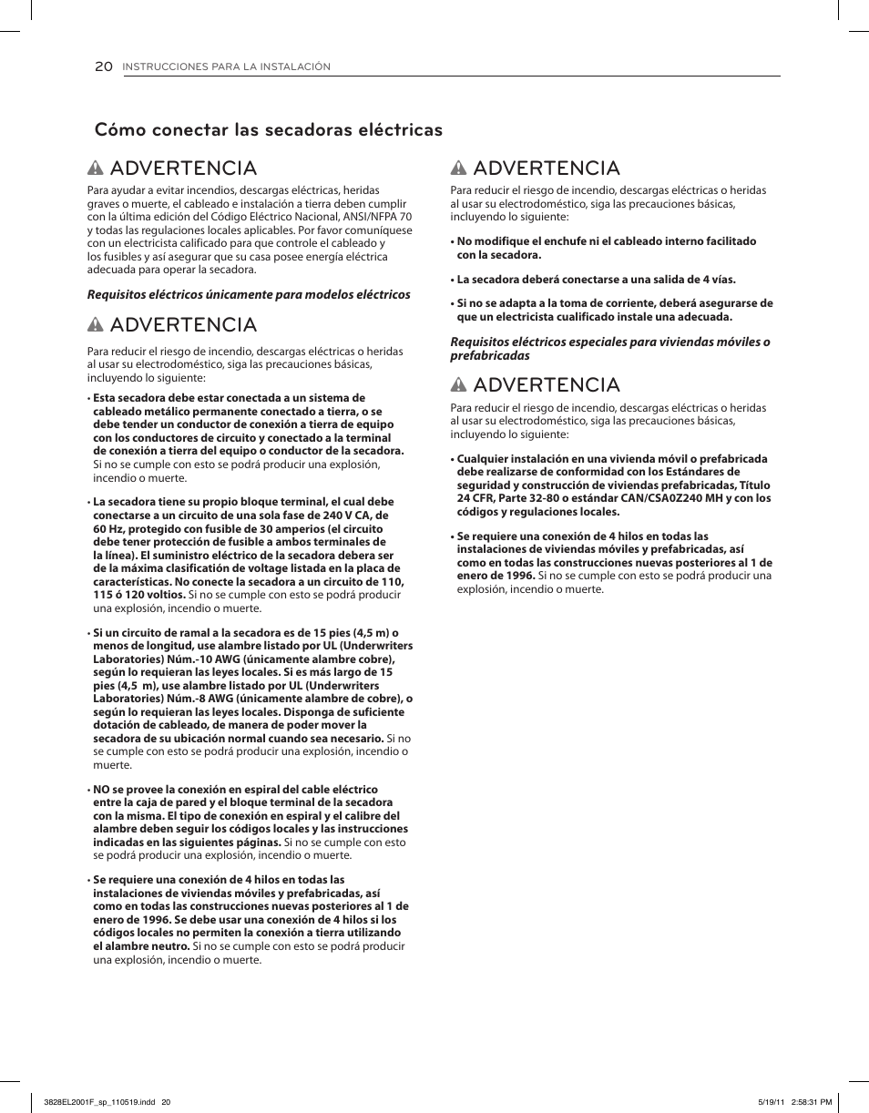 Advertencia, Cómo conectar las secadoras eléctricas | LG DLG4802W User Manual | Page 56 / 76