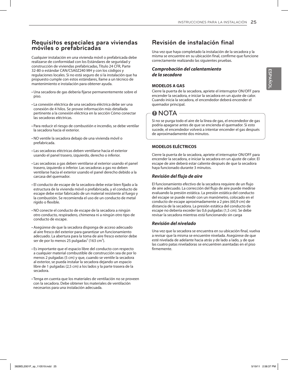 Nota, Revisión de instalación final | LG DLG4802W User Manual | Page 61 / 76