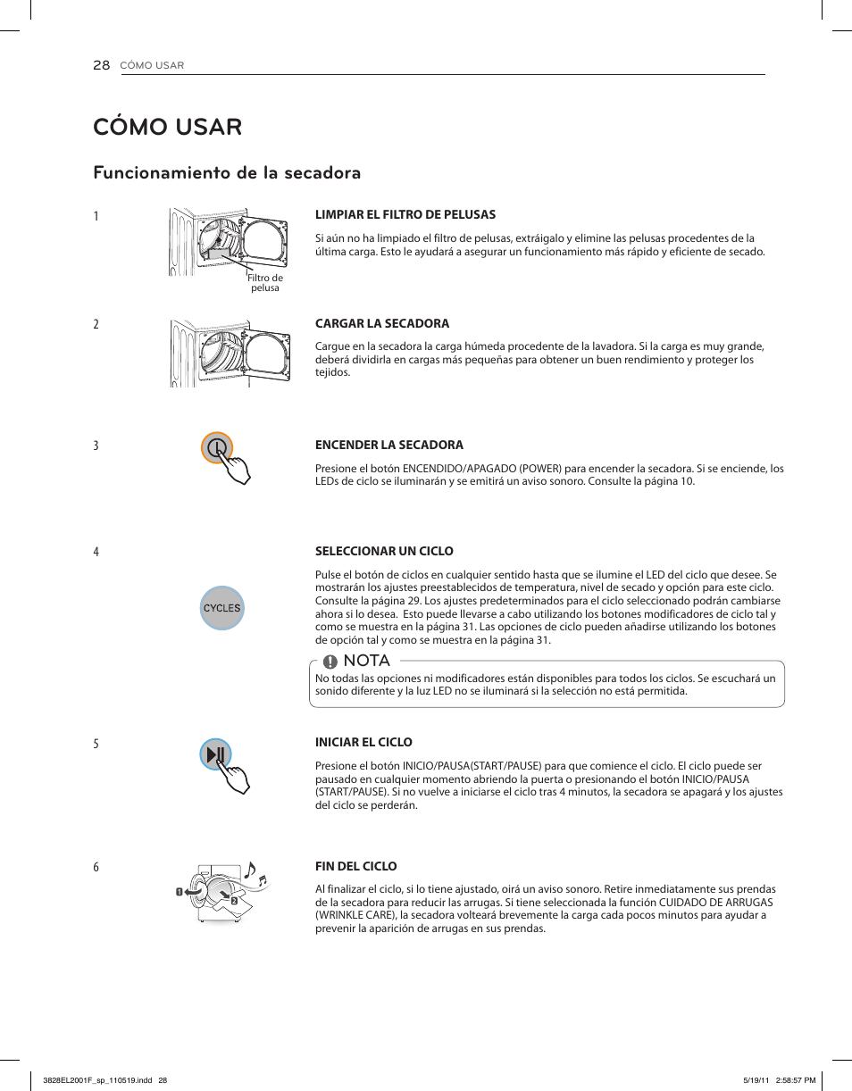 Cómo usar, Funcionamiento de la secadora, Nota | LG DLG4802W User Manual | Page 64 / 76