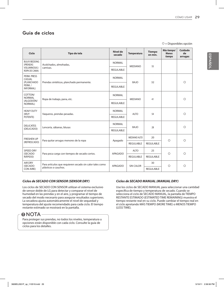 Nota, Guía de ciclos | LG DLG4802W User Manual | Page 65 / 76