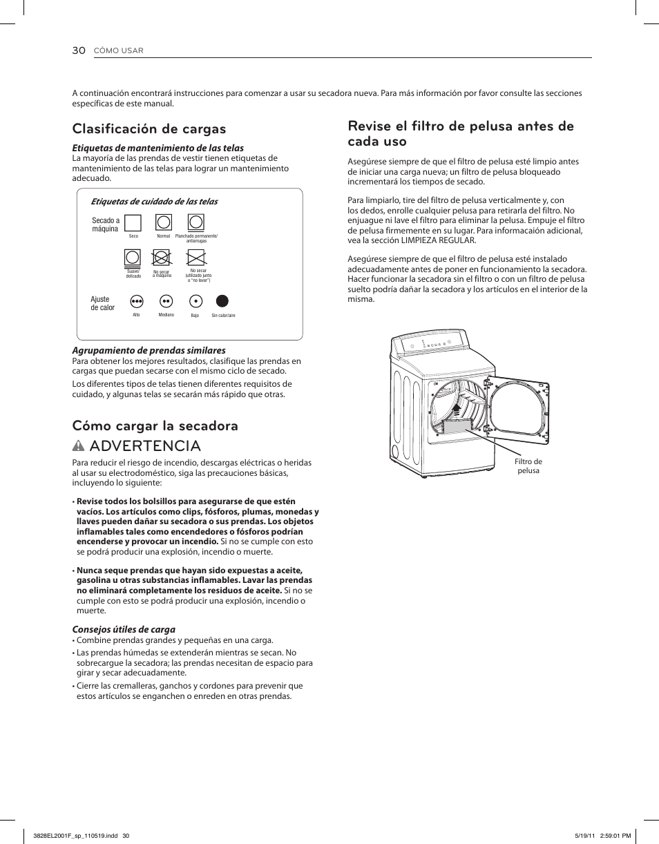 Advertencia, Revise el filtro de pelusa antes de cada uso, Clasificación de cargas | Cómo cargar la secadora | LG DLG4802W User Manual | Page 66 / 76