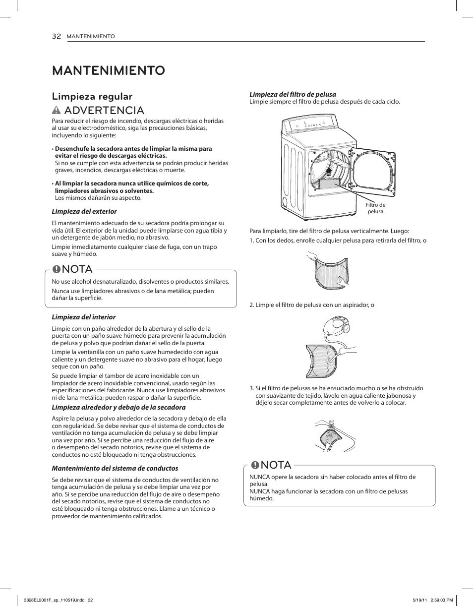 Mantenimiento, Advertencia, Nota | Limpieza regular | LG DLG4802W User Manual | Page 68 / 76