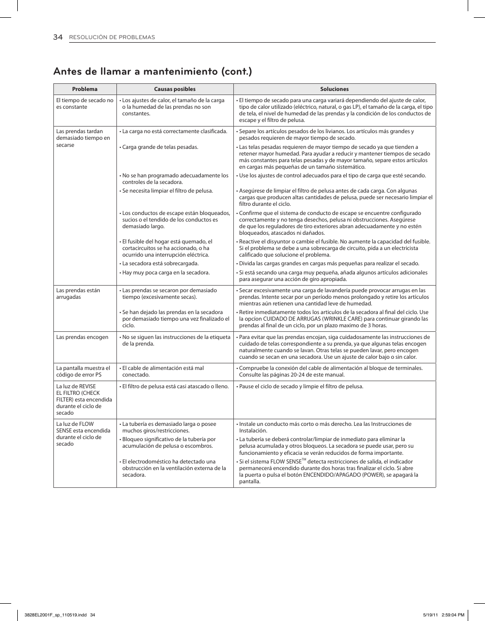 Antes de llamar a mantenimiento (cont.) | LG DLG4802W User Manual | Page 70 / 76