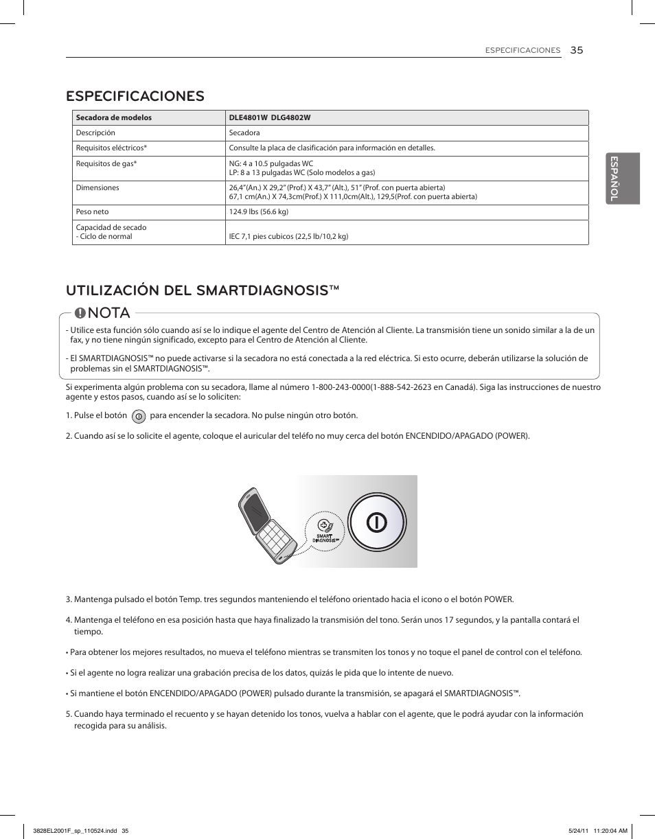 Nota, Especificaciones utilización del smartdiagnosis | LG DLG4802W User Manual | Page 71 / 76