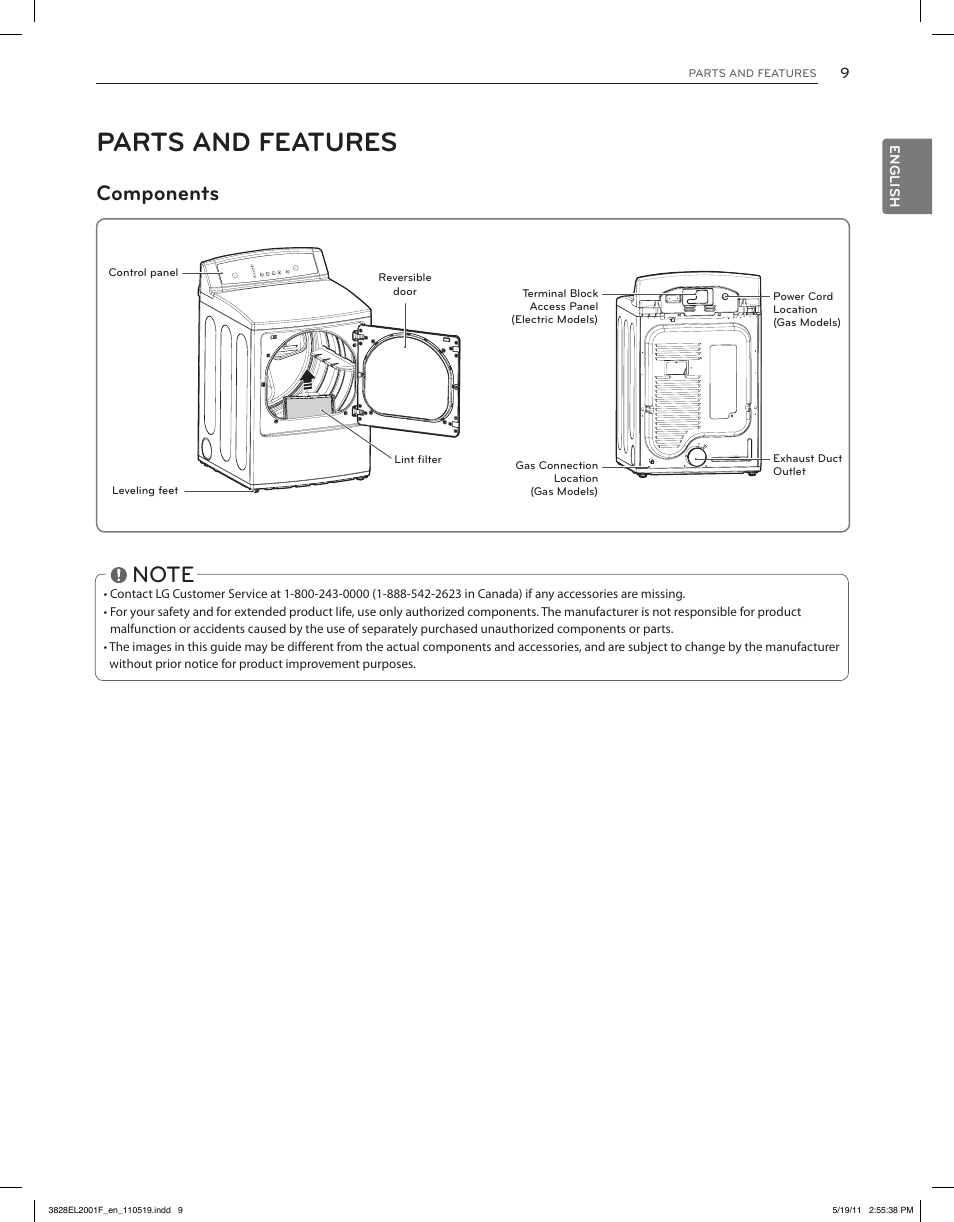Parts and features, Components | LG DLG4802W User Manual | Page 9 / 76