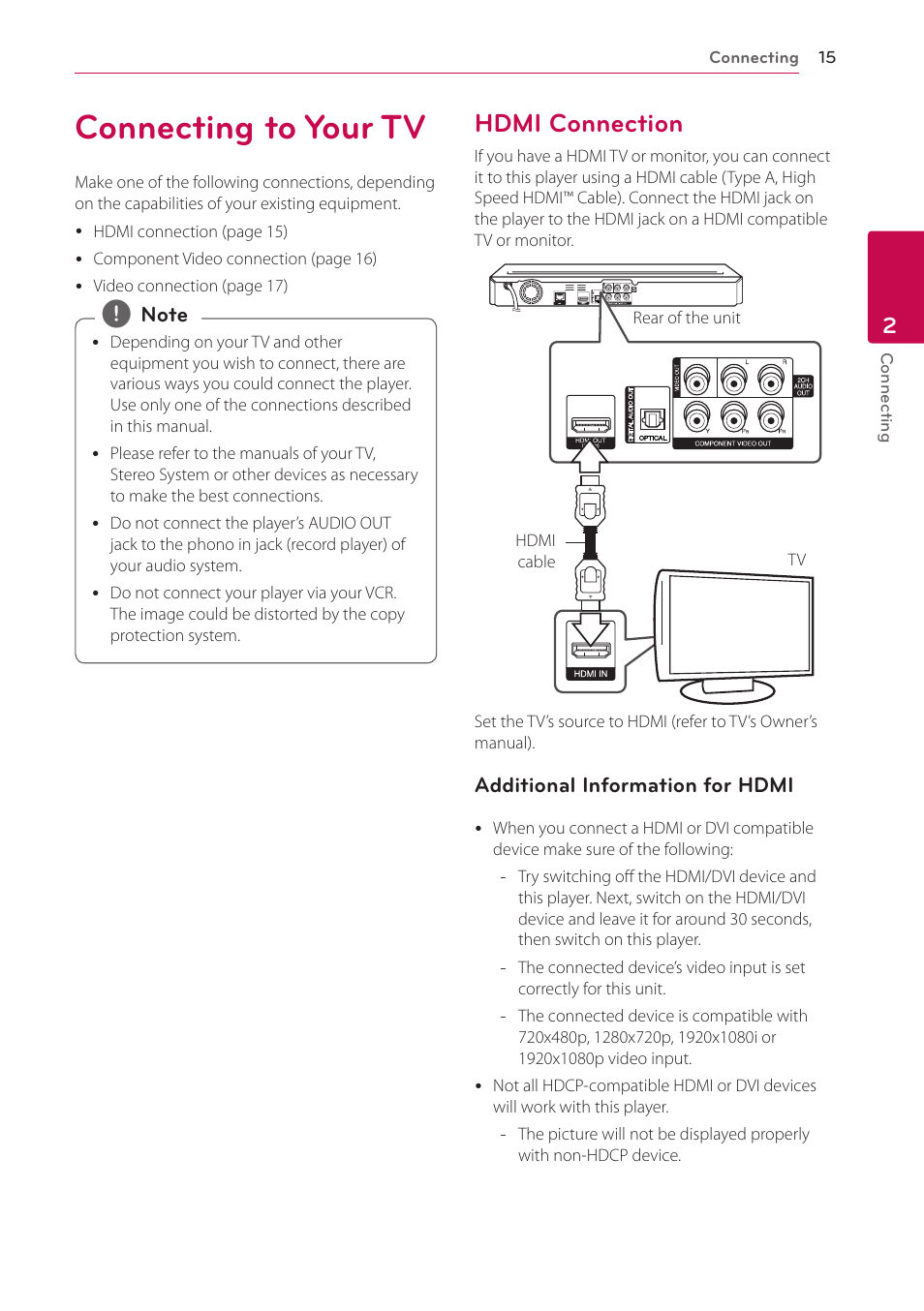 2 connecting, Connecting to your tv, Hdmi connection | 15 – hdmi connection | LG BD670 User Manual | Page 15 / 70