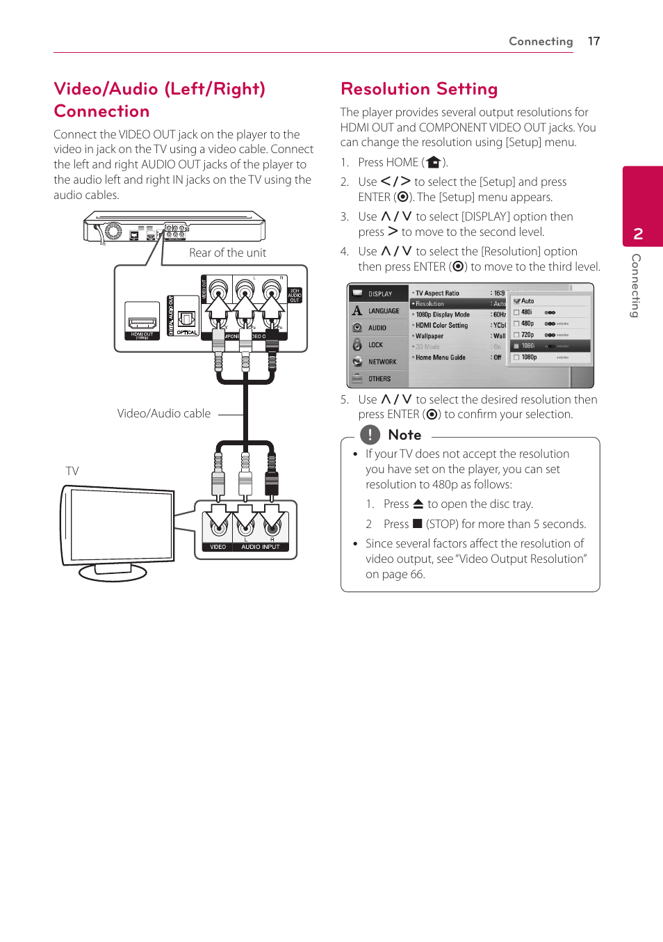 Video/audio (left/right) connection, Resolution setting | LG BD670 User Manual | Page 17 / 70