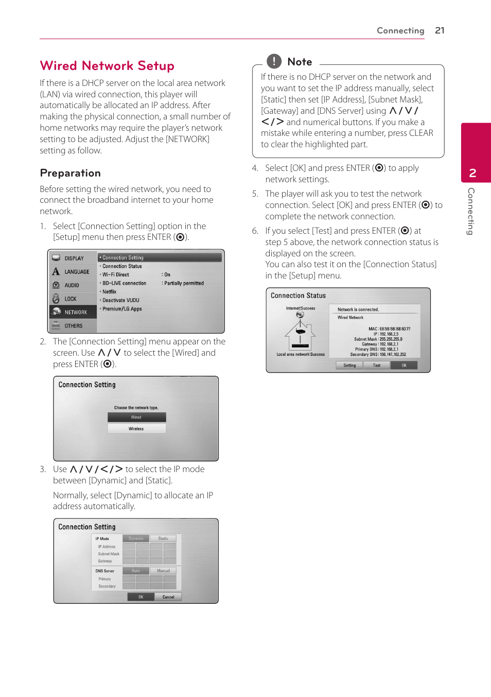 Wired network setup, 21 – wired network setup | LG BD670 User Manual | Page 21 / 70
