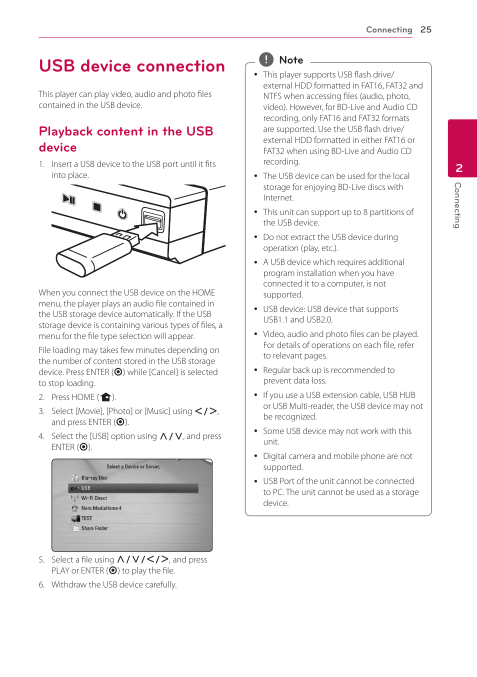 Usb device connection, Playback content in the usb device | LG BD670 User Manual | Page 25 / 70