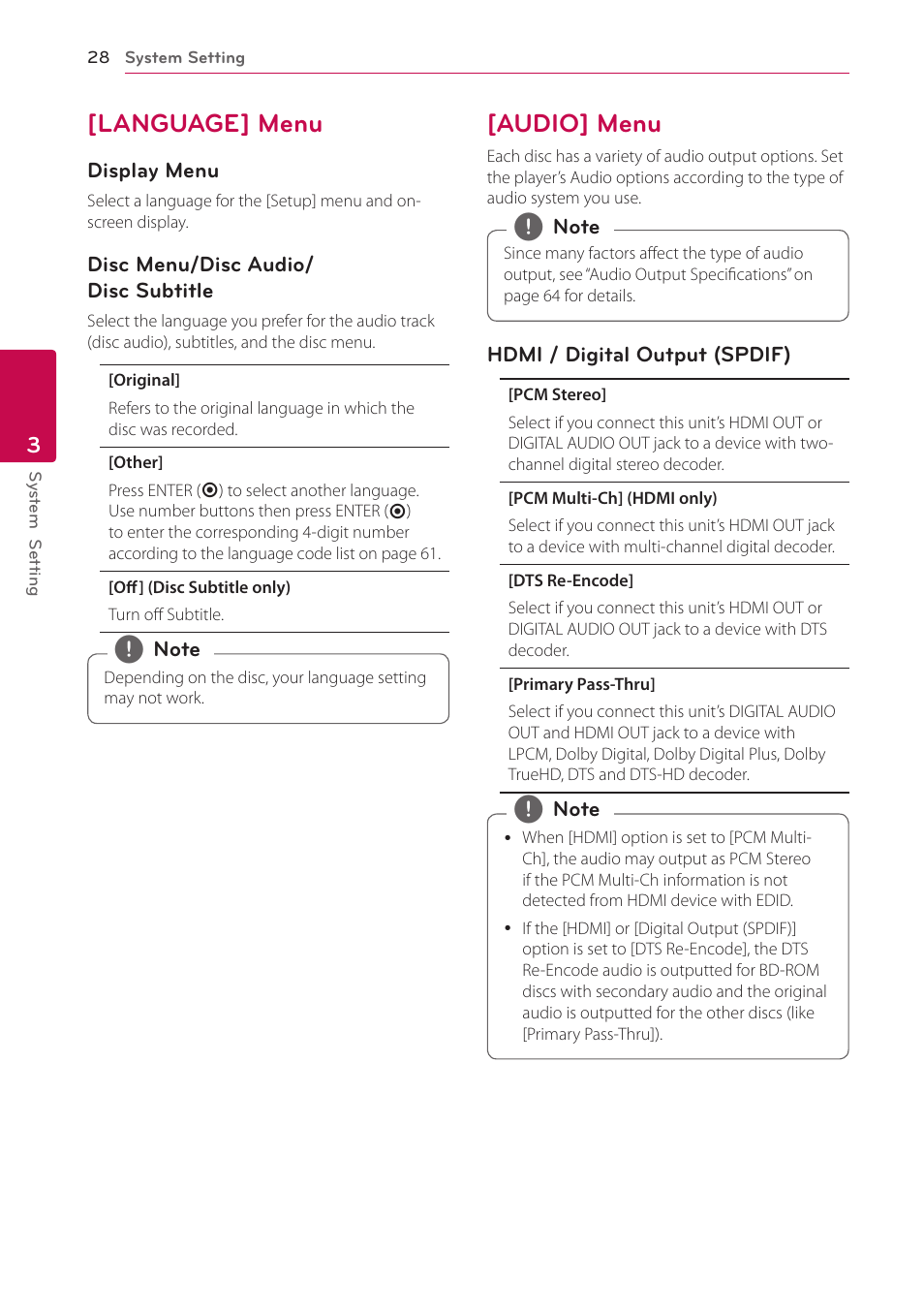 Language] menu, Audio] menu, 28 – [language] menu 28 – [audio] menu | LG BD670 User Manual | Page 28 / 70