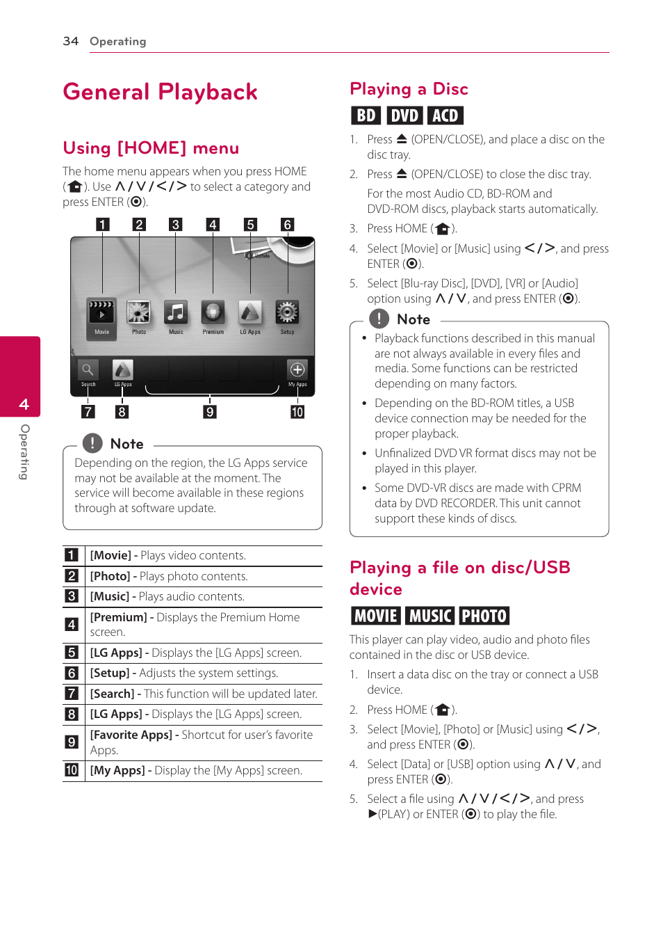 4 operating, General playback, Using [home] menu | Playing a disc, Playing a file on disc/usb device, Playing a disc ert, Playing a file on disc/usb device yui | LG BD670 User Manual | Page 34 / 70