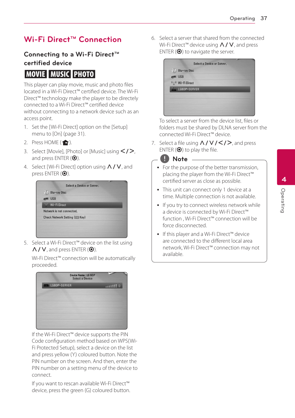 Wi-fi direct™ connection, 37 – wi-fi direct™ connection | LG BD670 User Manual | Page 37 / 70