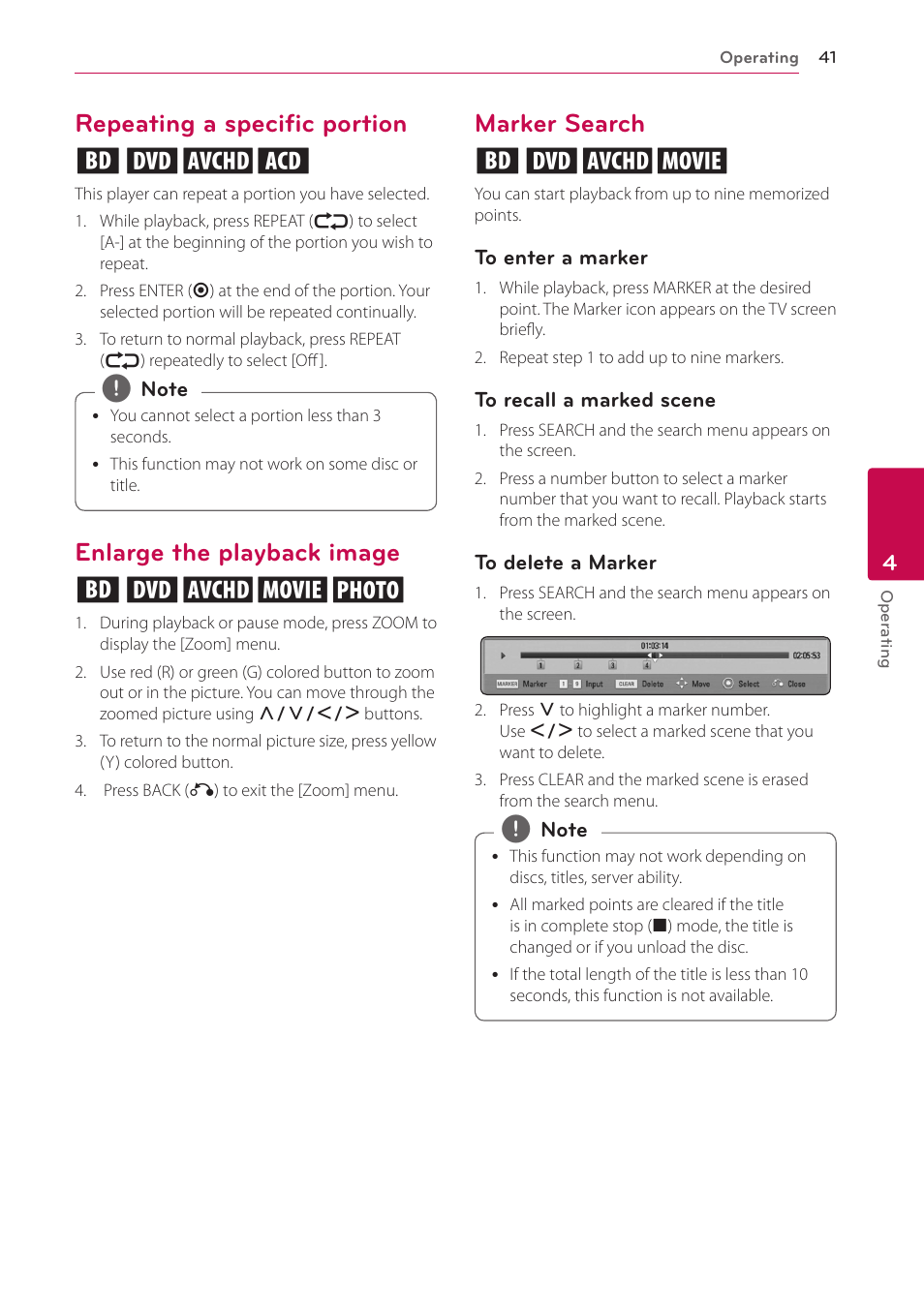 Repeating a specific portion, Enlarge the playback image, Marker search | Repeating a specific portion erot, Enlarge the playback image eroyi, Marker search eroy | LG BD670 User Manual | Page 41 / 70