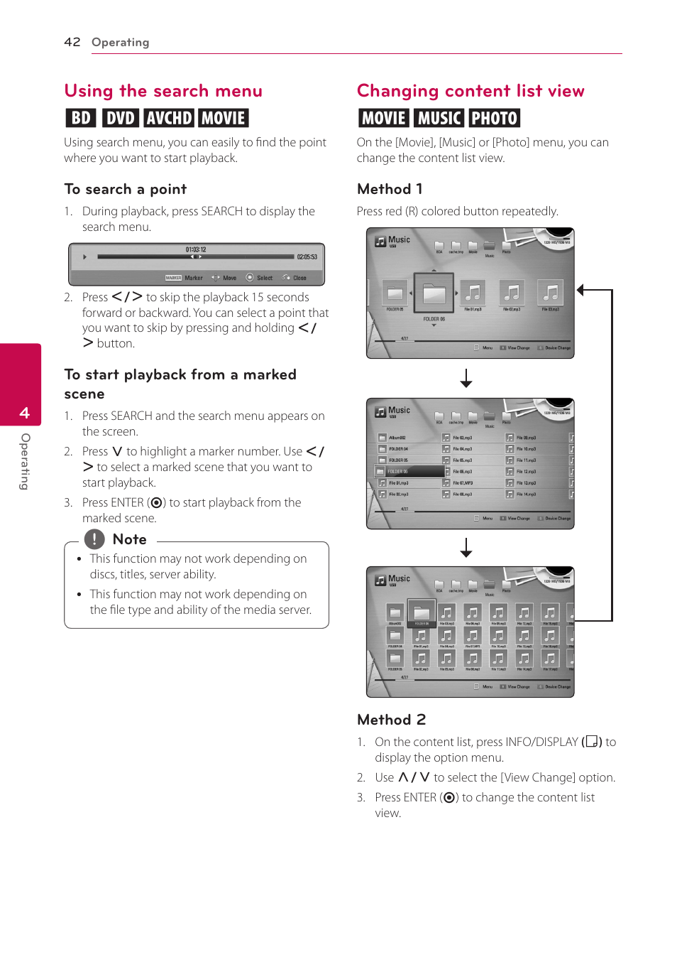 Using the search menu, Changing content list view, Using the search menu eroy | Changing content list view yui | LG BD670 User Manual | Page 42 / 70