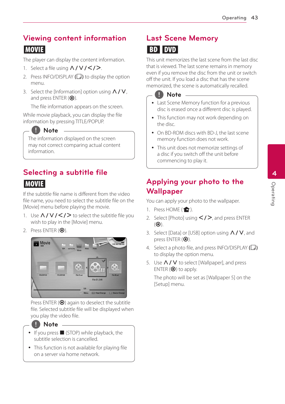 Viewing content information, Selecting a subtitle file, Last scene memory | Applying your photo to the wallpaper, Viewing content information y, Selecting a subtitle file y | LG BD670 User Manual | Page 43 / 70