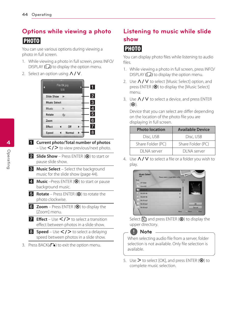 Options while viewing a photo, Listening to music while slide show, Options while viewing a photo i | Listening to music while slide show i | LG BD670 User Manual | Page 44 / 70