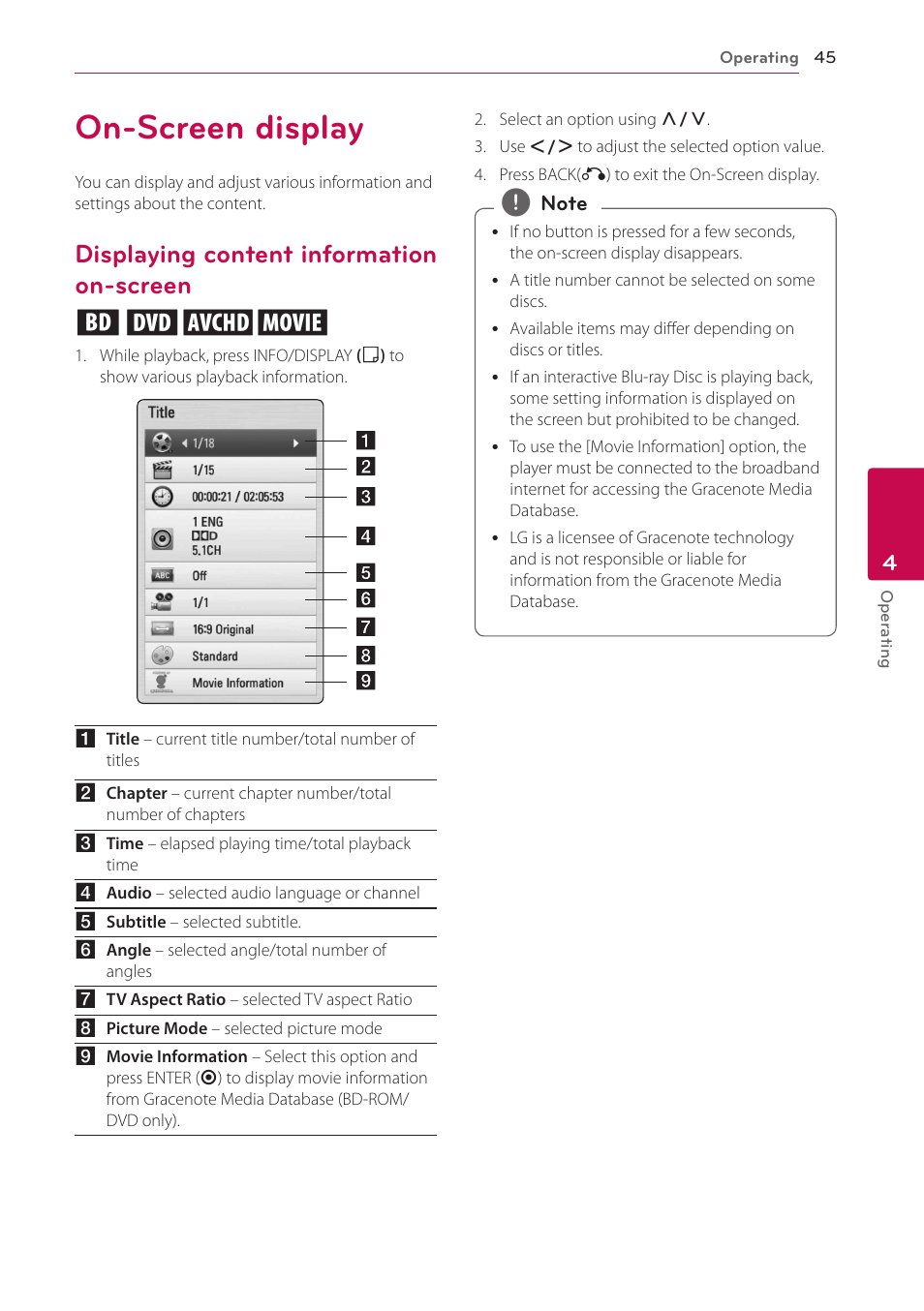 On-screen display, Displaying content information on-screen, Screen | Displaying content information on-screen eroy | LG BD670 User Manual | Page 45 / 70