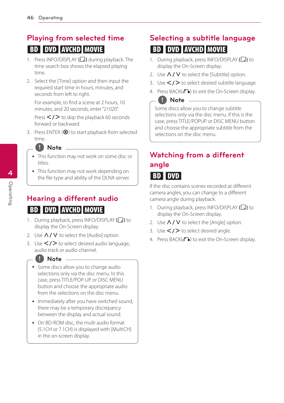 Playing from selected time, Hearing a different audio, Selecting a subtitle language | Watching from a different angle, Playing from selected time eroy, Hearing a different audio eroy, Selecting a subtitle language eroy, Watching from a different angle er | LG BD670 User Manual | Page 46 / 70