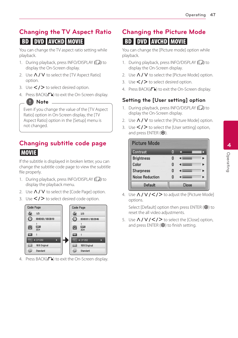 Changing the tv aspect ratio, Changing the picture mode, 47 – changing the tv aspect ratio | Changing the tv aspect ratio eroy, Changing subtitle code page y, Changing the picture mode eroy | LG BD670 User Manual | Page 47 / 70