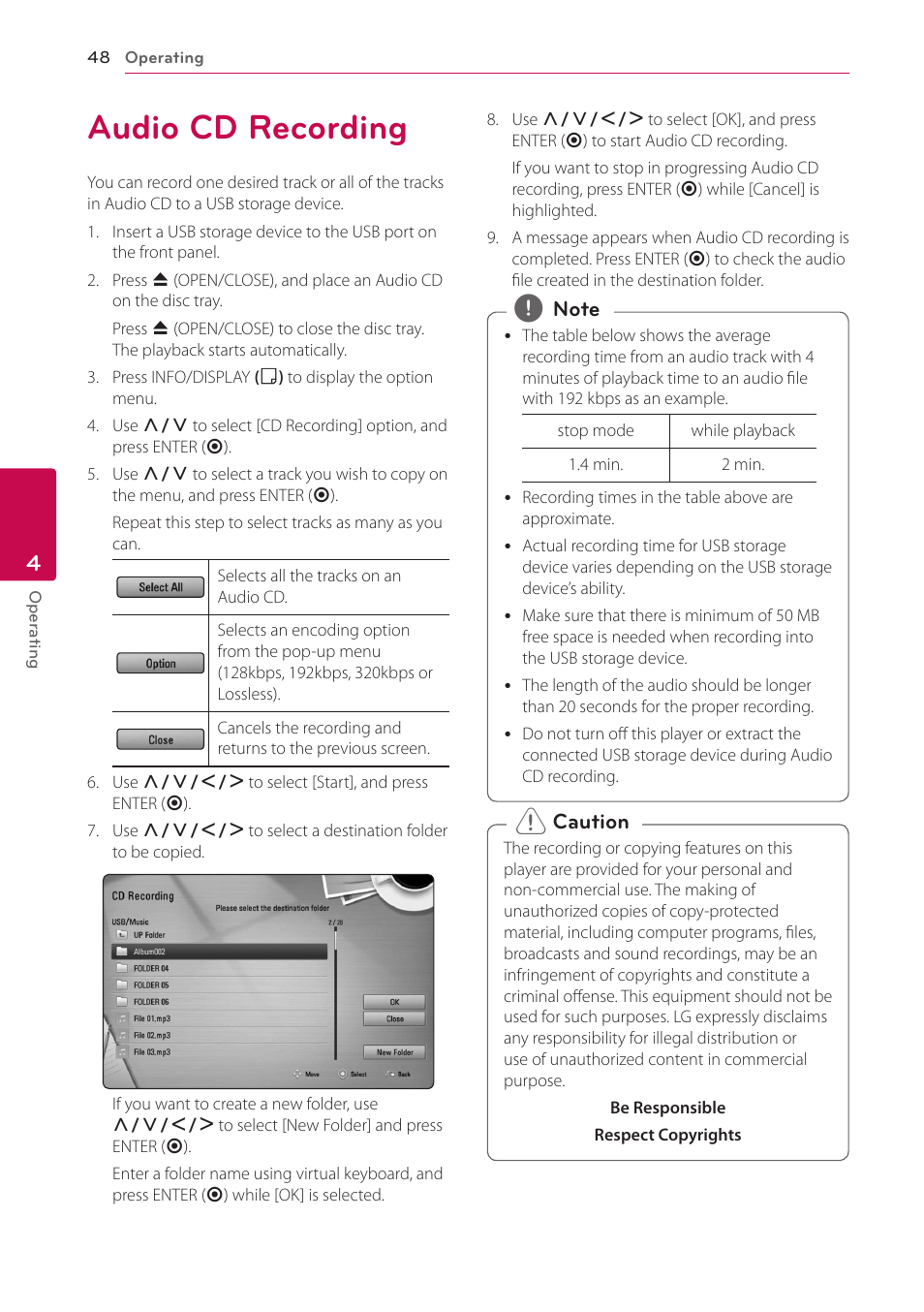 Audio cd recording, 48 audio cd recording | LG BD670 User Manual | Page 48 / 70