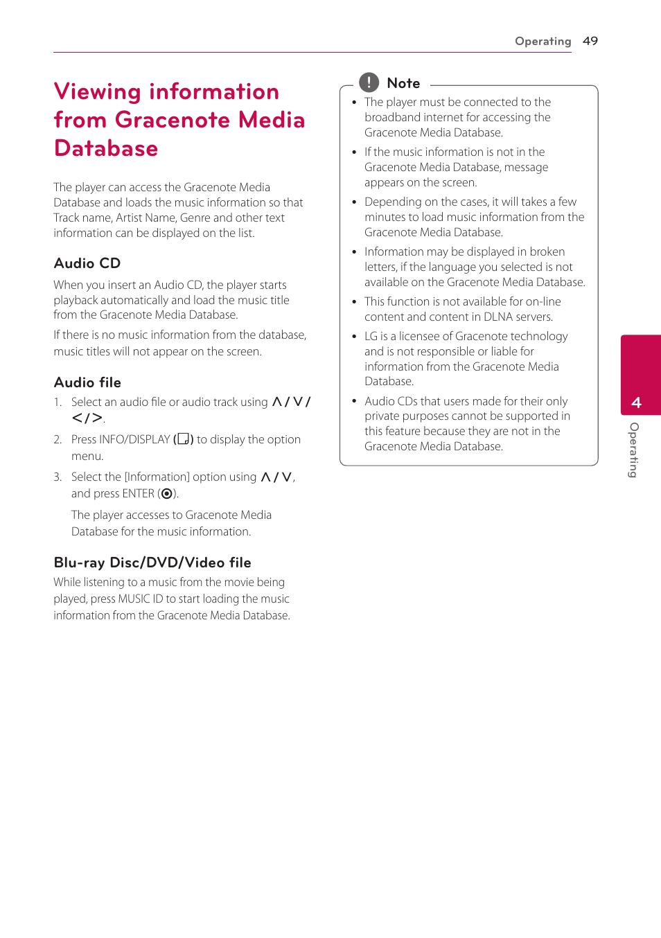Viewing information from gracenote media database, 49 viewing information from gracenote, Media database | LG BD670 User Manual | Page 49 / 70