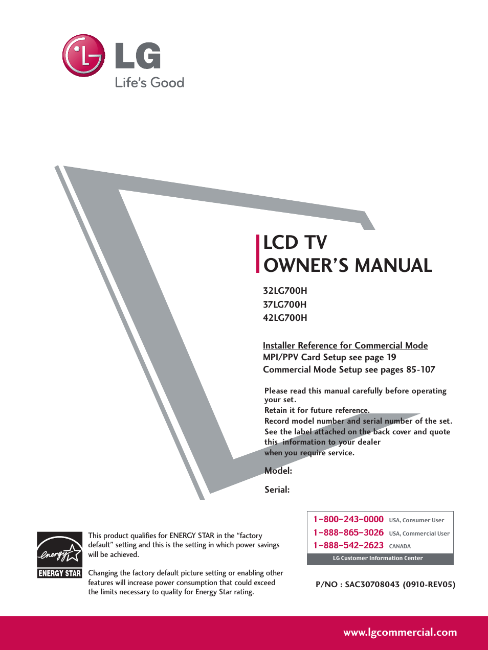 LG 37LG700H User Manual | 136 pages